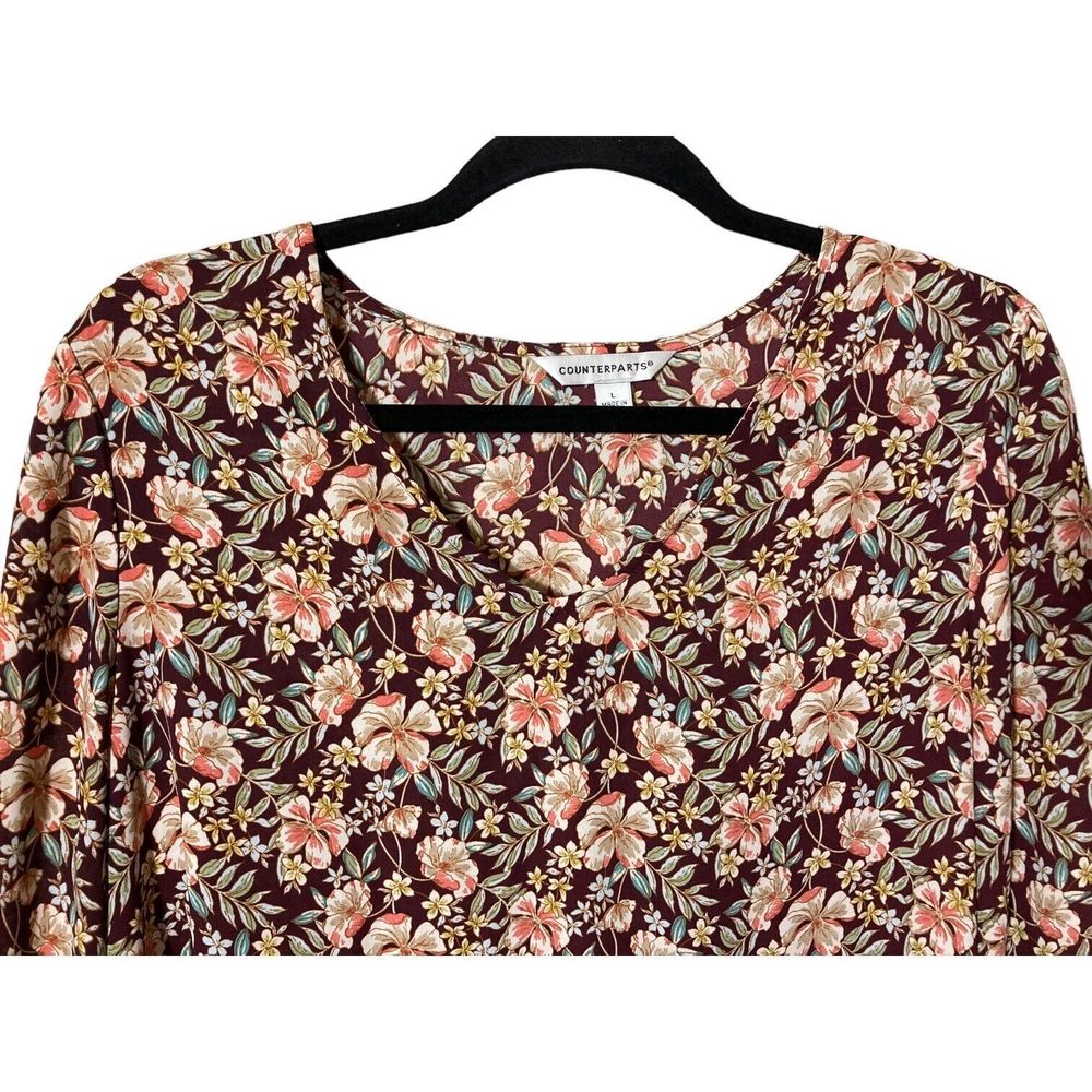 Counterparts Women’s Large Brown Floral Peplum Long Sleeve Blouse - Picture 3 of 7
